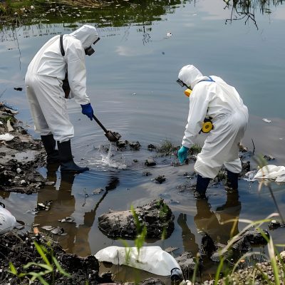 The image depicts a team of workers dressed in hazmat suits diligently working to clean up and investigate an environmental contamination incident They are meticulously collecting samples,conducting