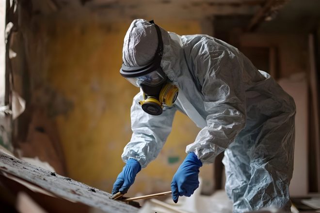 Asbestos Removal Specialist in Protective Suit Carefully Handling and Disposing of Hazardous Materials During Building Renovation and Demolition Process